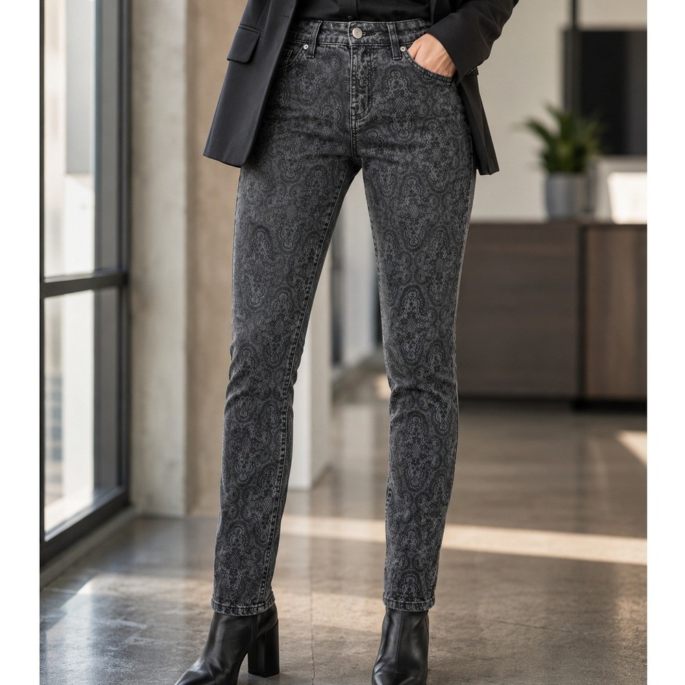 Current Elliott The Ankle Skinny Jeans Black Antique Lace Print Size 28 USA Made